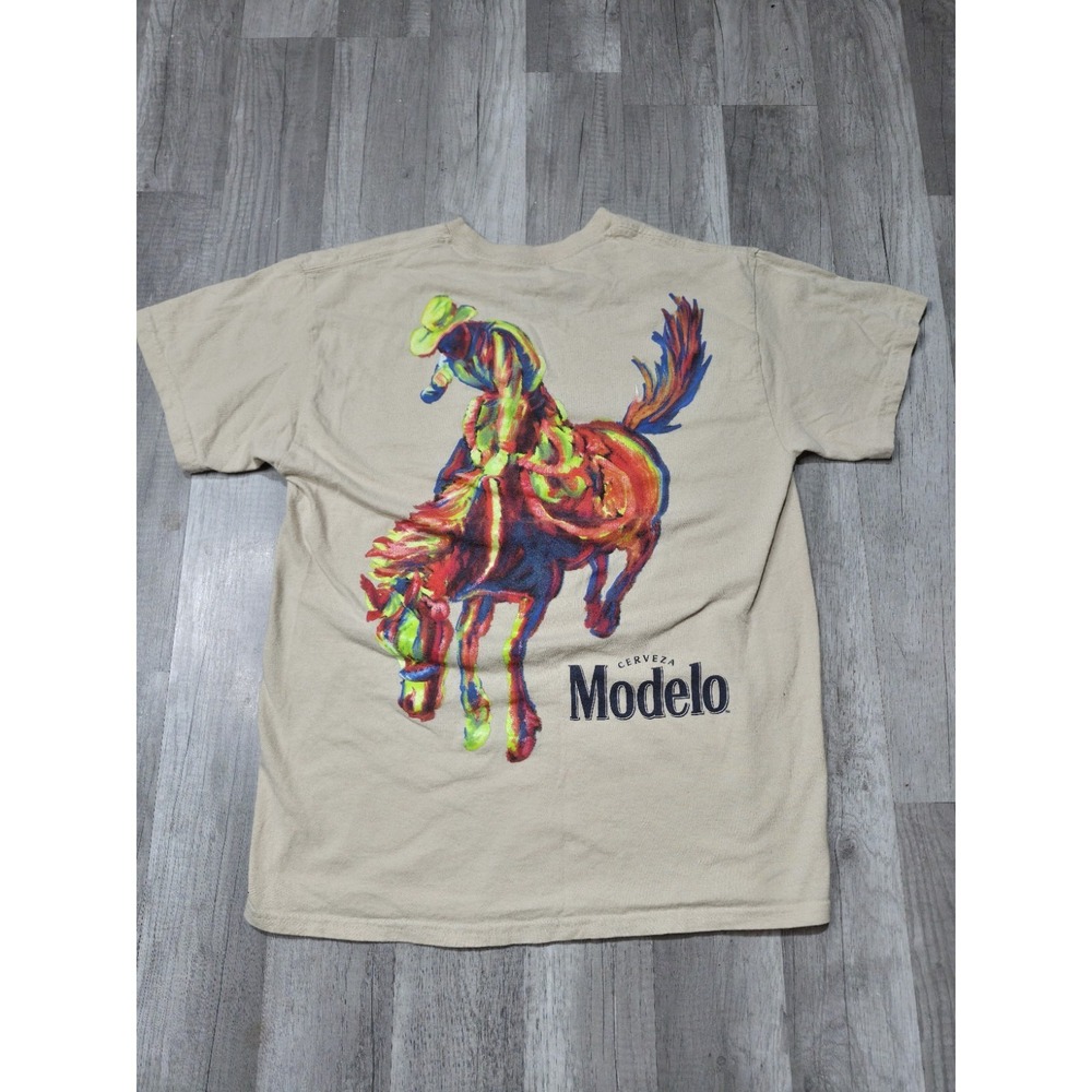 Double Sided Cerveza Modelo Rodeo Cowboy Vaquero Beige T-Shirt Mens Size Medium